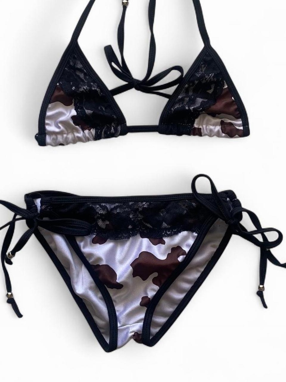 Black Lace-Trim Camo Triangle Bikini Set - Women Swim Bikini